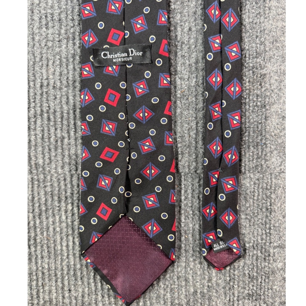 Christian Dior Monsieur Silk Tie Black Red Blue Geometric Diamond Vintage USA
